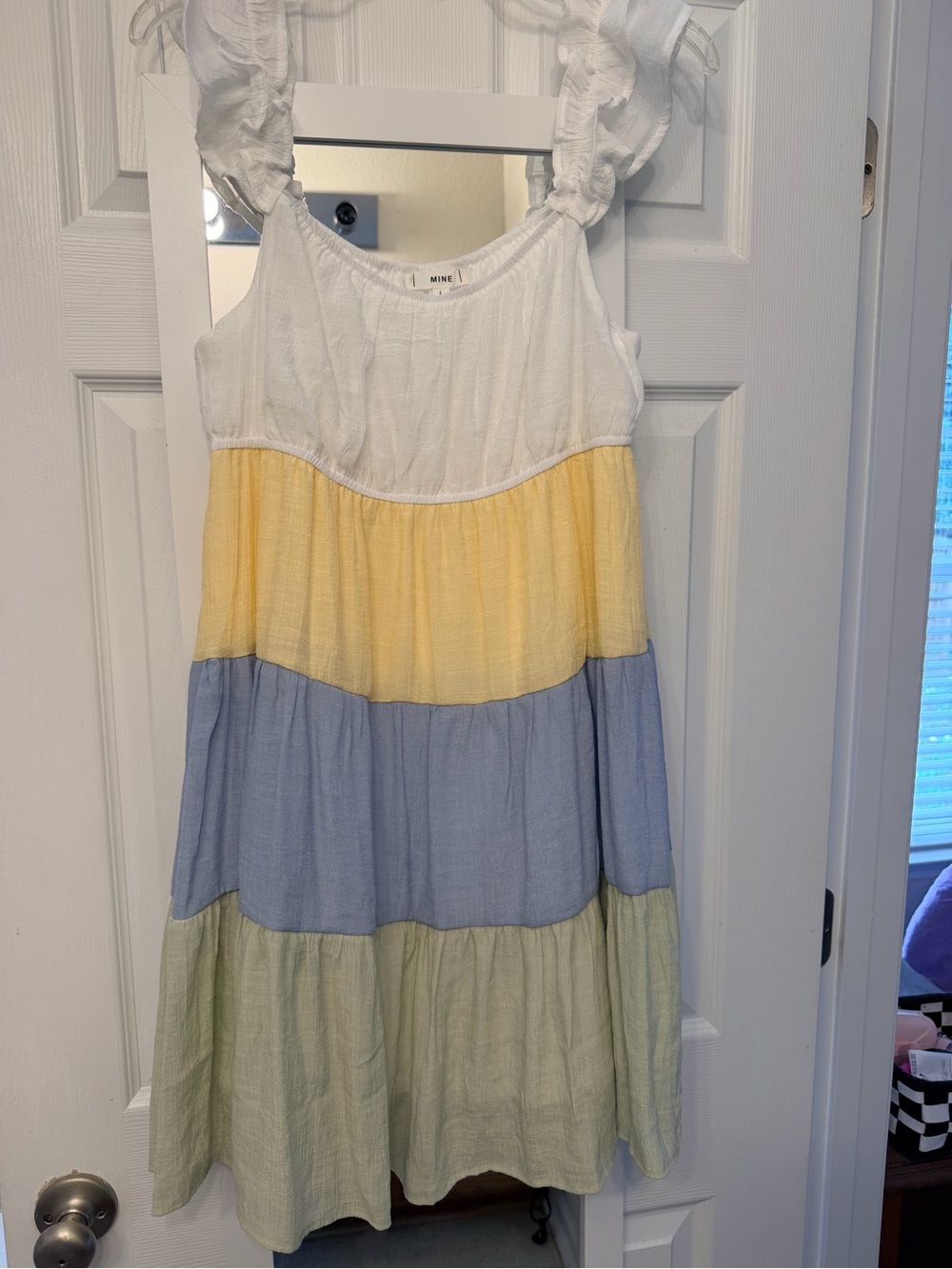 MINE Girls' Colorblock Tiered Ruffle Strap Dress in White, Yellow, Blue, Green